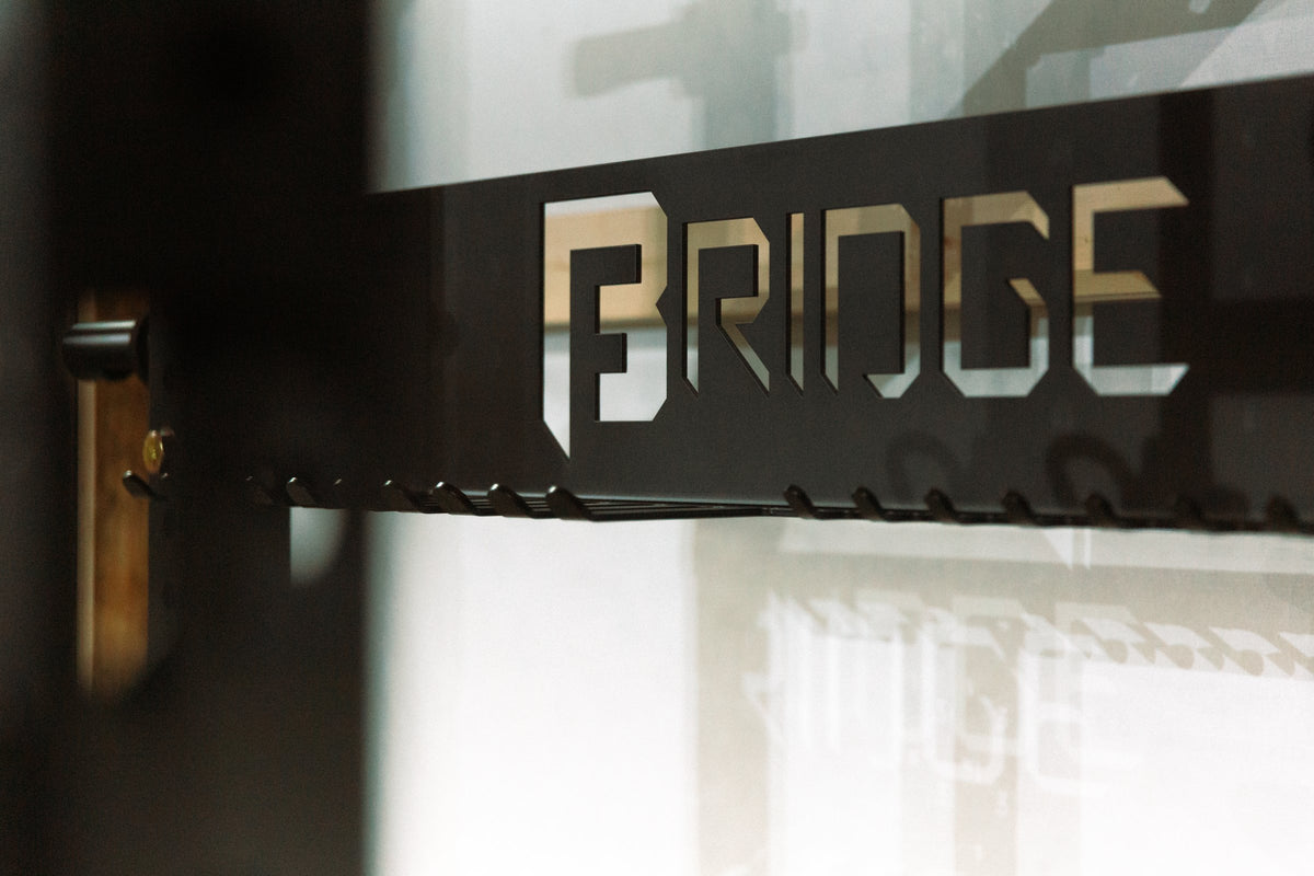 BRIDGE logo cutout on a custom BUILT rack