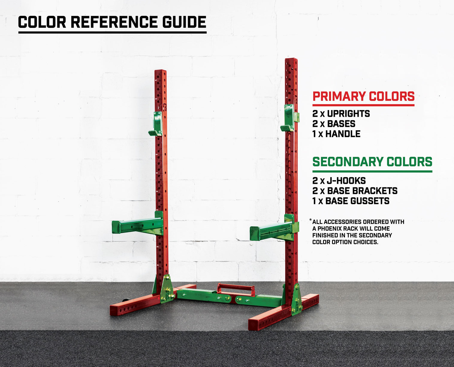 Primary colors apply to 2 uprights, 2 bases, 1 handle. Secondary colors apply to 2 j-hooks, 2 base brackets, 1 base gussets. All accessories ordered with a phoenix rack will come finished in the secondary color option choices